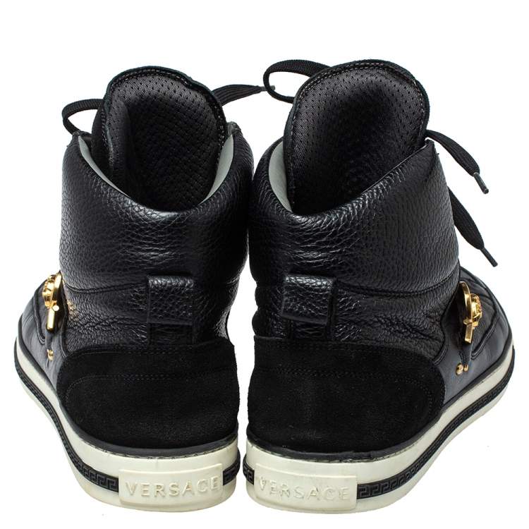 Pre Owned Versace Black Leather And Suede Medusa Strap High Top Sneakers Size 43