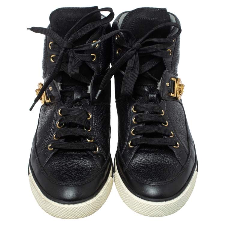 Pre Owned Versace Black Leather And Suede Medusa Strap High Top Sneakers Size 43