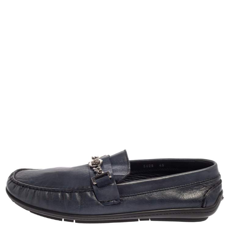 Pre Owned Versace Blue Leather Medusa Icon Chain Detail Loafers Size 45