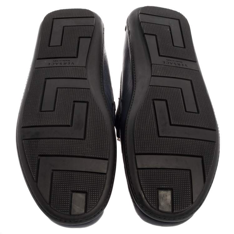 Pre Owned Versace Blue Leather Medusa Icon Chain Detail Loafers Size 45