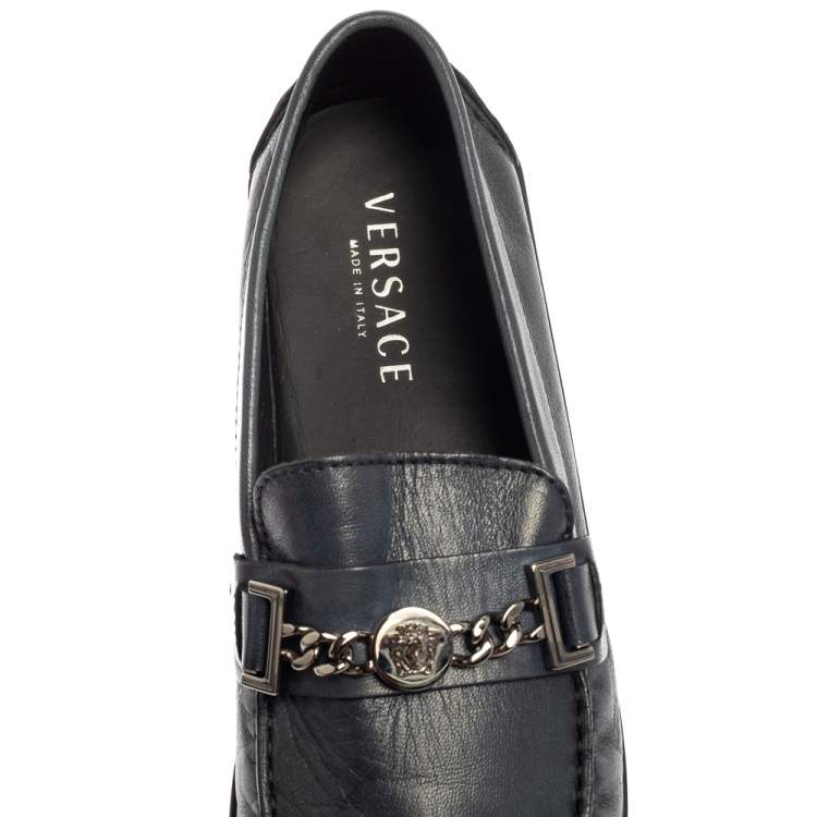 Pre Owned Versace Blue Leather Medusa Icon Chain Detail Loafers Size 45