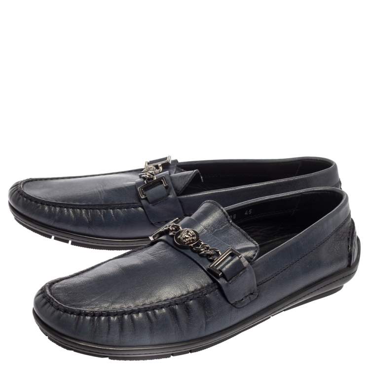 Pre Owned Versace Blue Leather Medusa Icon Chain Detail Loafers Size 45