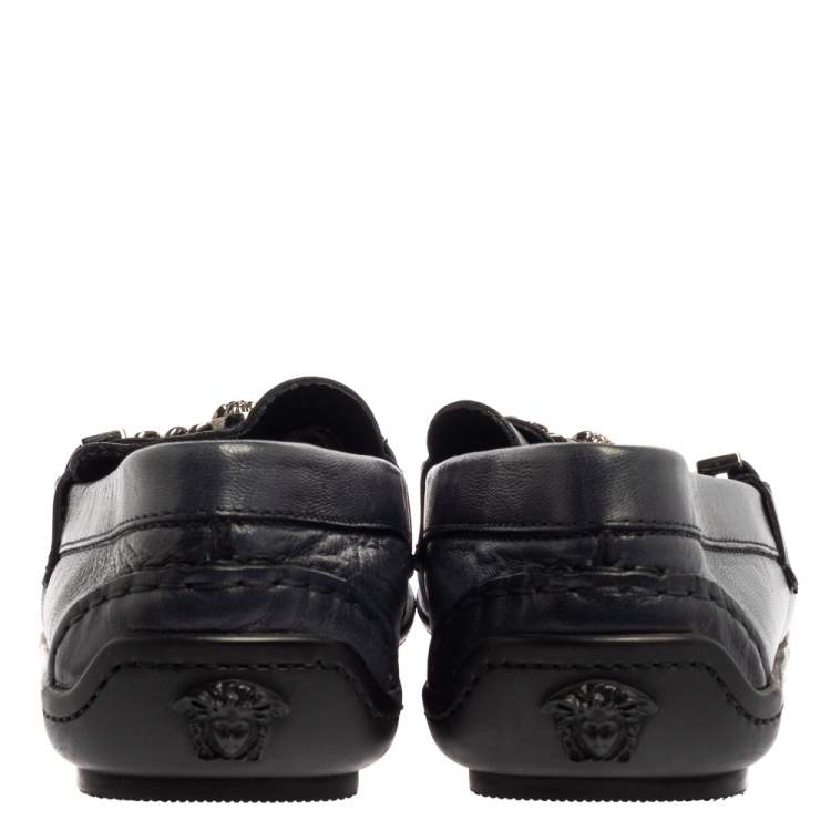 Pre Owned Versace Blue Leather Medusa Icon Chain Detail Loafers Size 45