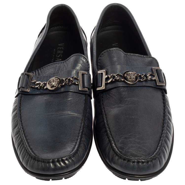 Pre Owned Versace Blue Leather Medusa Icon Chain Detail Loafers Size 45