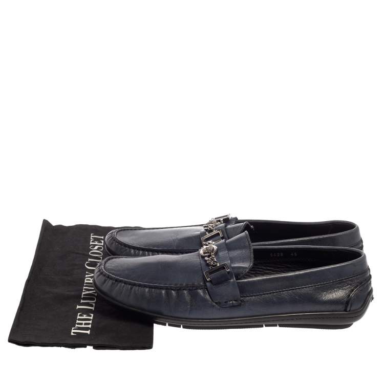 Pre Owned Versace Blue Leather Medusa Icon Chain Detail Loafers Size 45