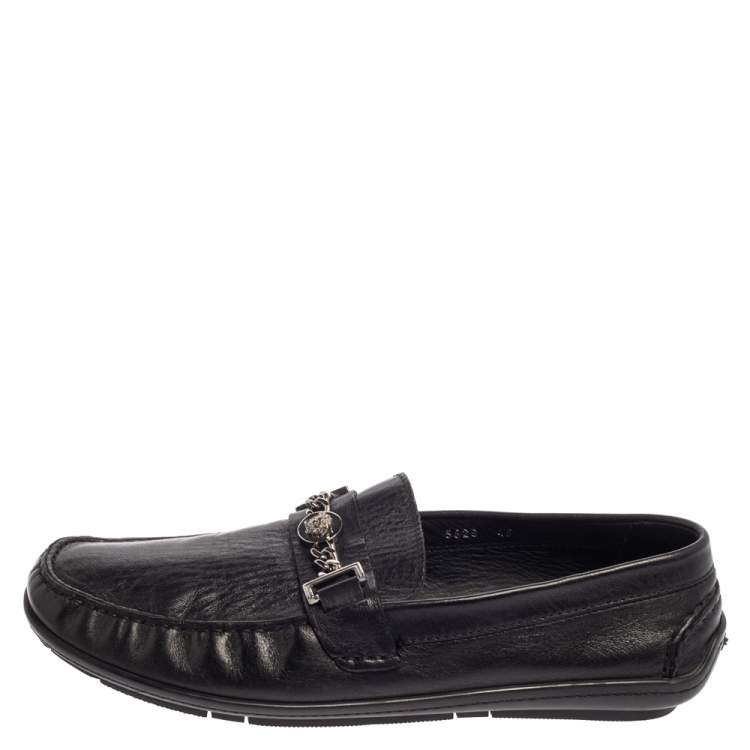Pre Owned Versace Black Leather Medusa Icon Chain Detail Loafers Size 45