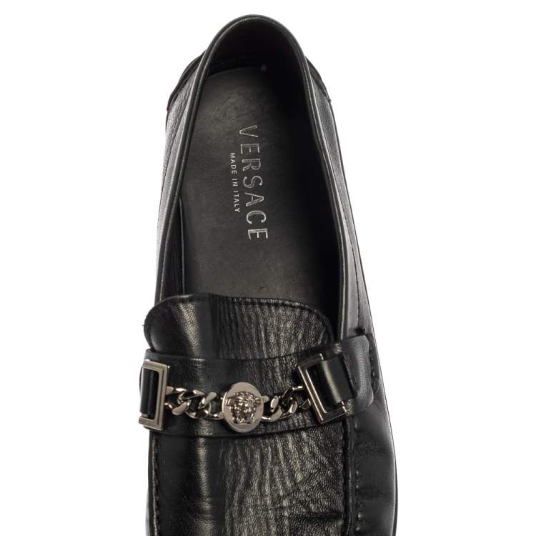 Pre Owned Versace Black Leather Medusa Icon Chain Detail Loafers Size 45