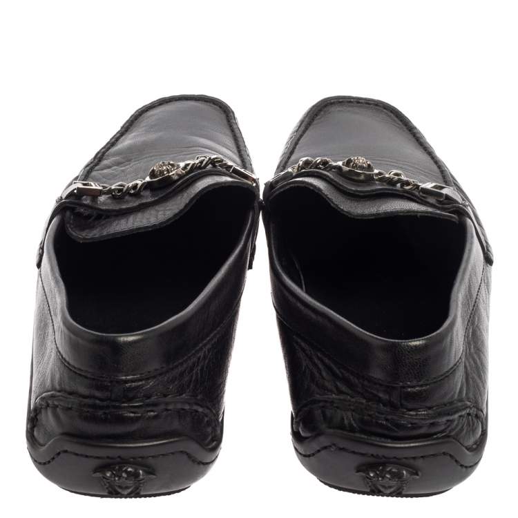 Pre Owned Versace Black Leather Medusa Icon Chain Detail Loafers Size 45