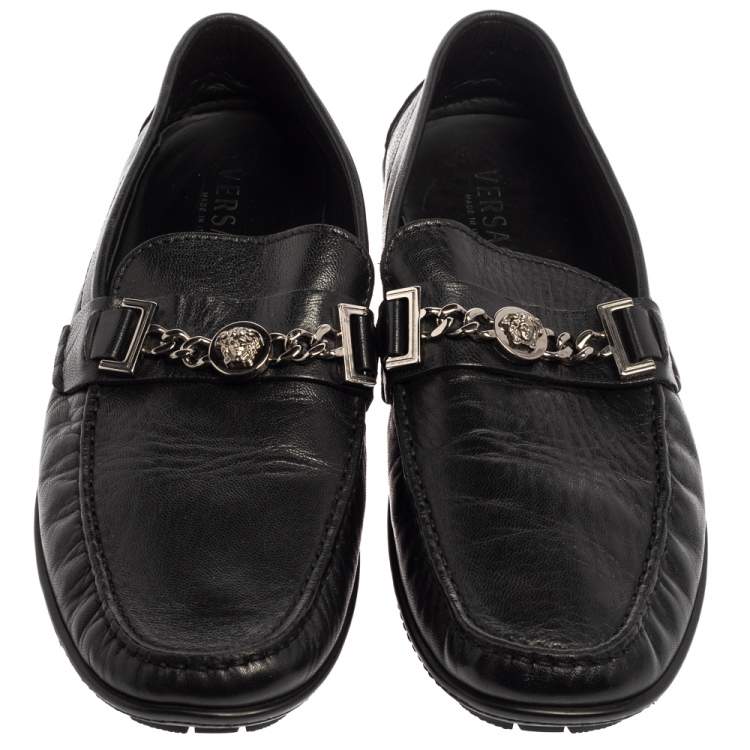 Pre Owned Versace Black Leather Medusa Icon Chain Detail Loafers Size 45