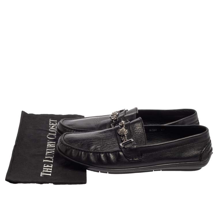 Pre Owned Versace Black Leather Medusa Icon Chain Detail Loafers Size 45