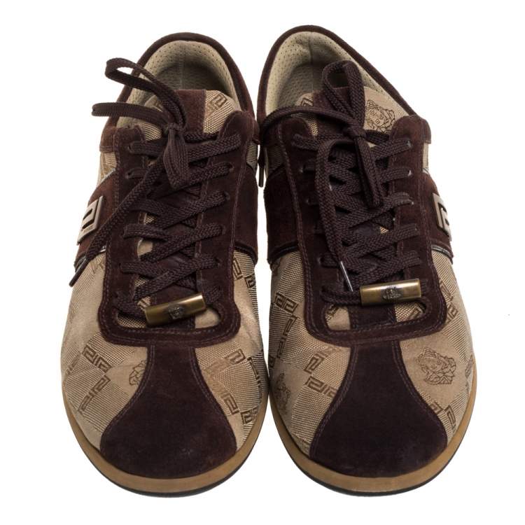 مملوكة مسبقًا Versace Beige/Brown Suede And Canvas Low Top Sneakers Size 43