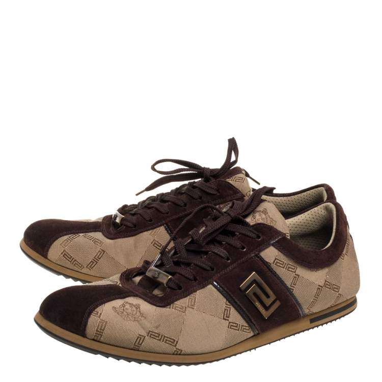 مملوكة مسبقًا Versace Beige/Brown Suede And Canvas Low Top Sneakers Size 43