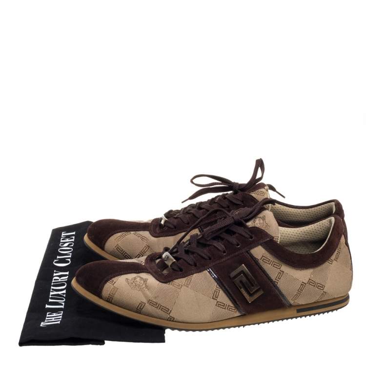 مملوكة مسبقًا Versace Beige/Brown Suede And Canvas Low Top Sneakers Size 43