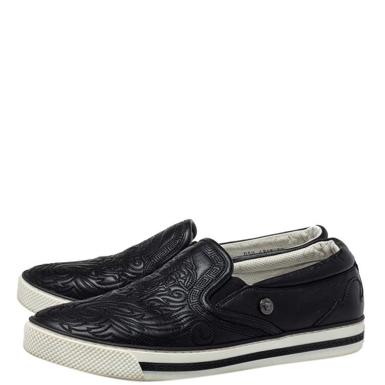 Pre Owned Versace Black Baroque Embroidered Leather Slip On Sneakers Size 44