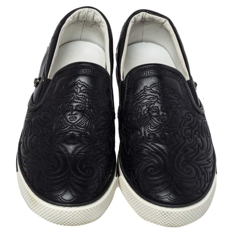 Pre Owned Versace Black Baroque Embroidered Leather Slip On Sneakers Size 44