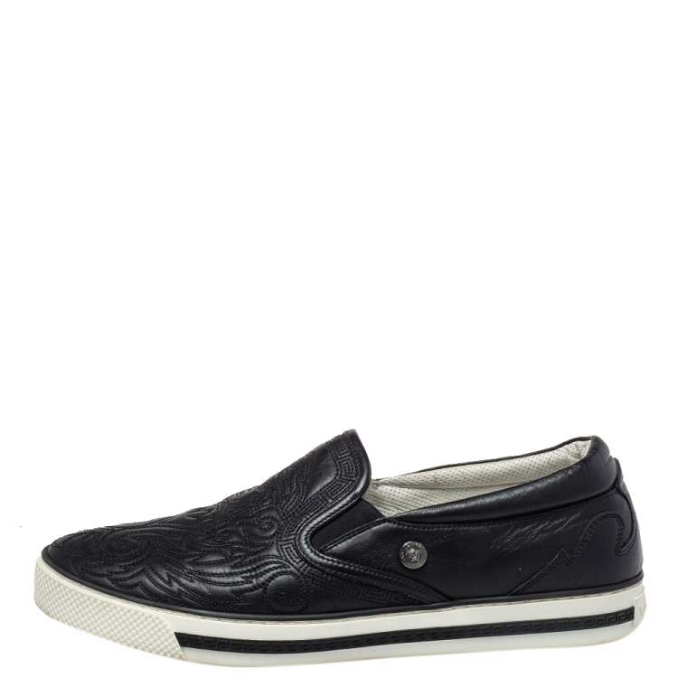 Pre Owned Versace Black Baroque Embroidered Leather Slip On Sneakers Size 44