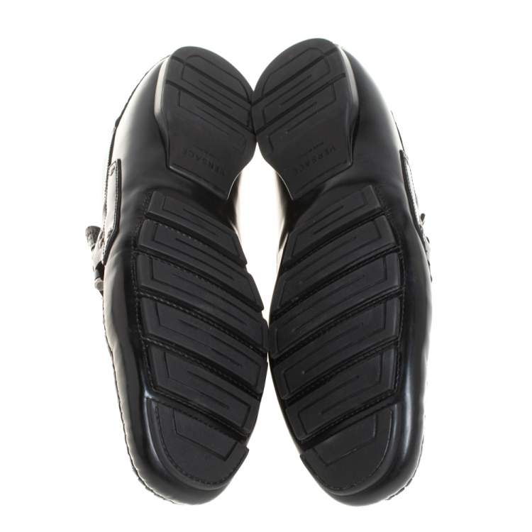 Pre Owned Versace Black Leather Medusa Detail Slip On Loafers Size 43