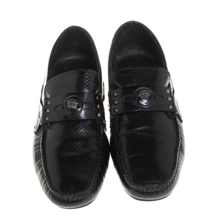Pre Owned Versace Black Leather Medusa Detail Slip On Loafers Size 43