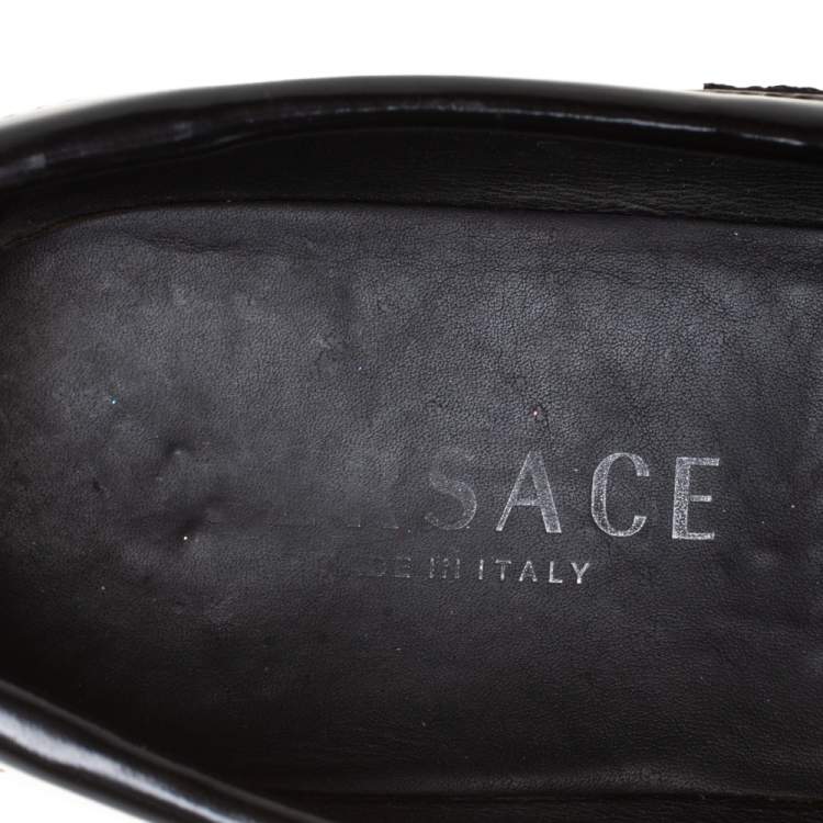 Pre Owned Versace Black Leather Medusa Detail Slip On Loafers Size 43