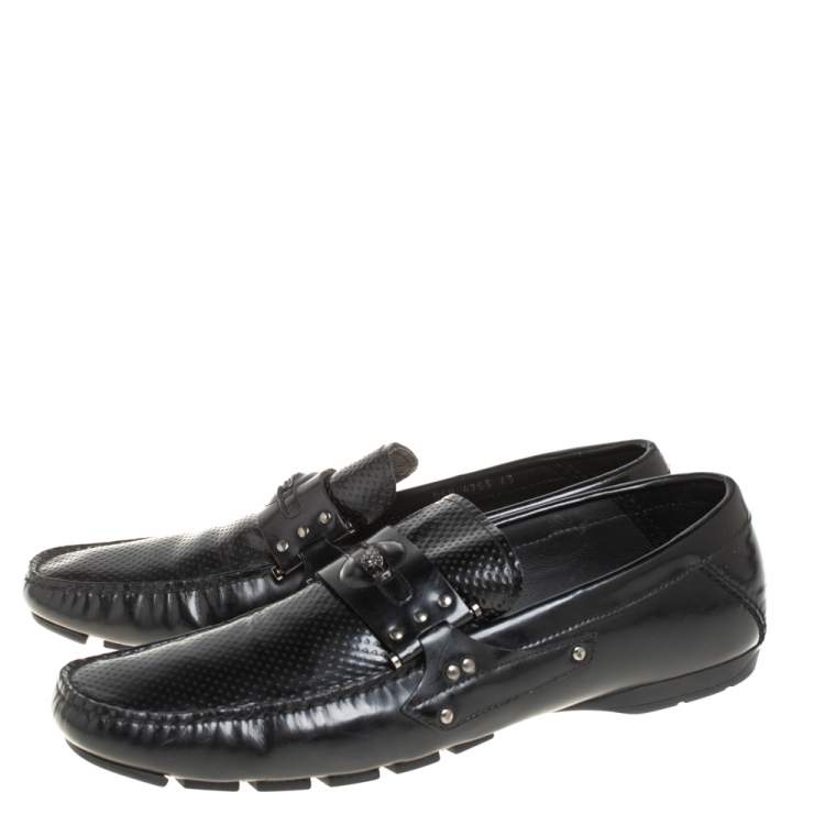 Pre Owned Versace Black Leather Medusa Detail Slip On Loafers Size 43