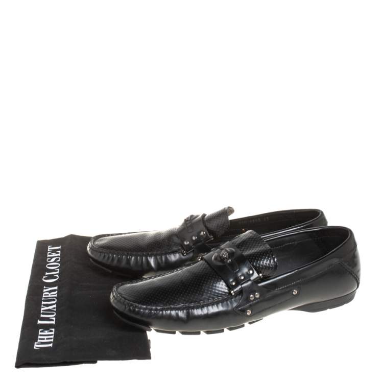 Pre Owned Versace Black Leather Medusa Detail Slip On Loafers Size 43