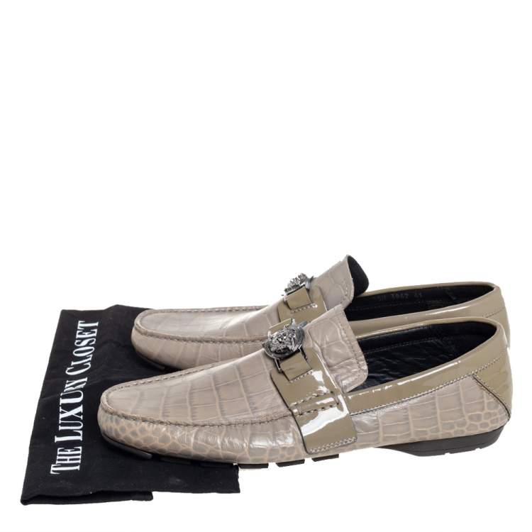Pre Owned Versace Grey Croc Embossed Leather And Patent Leather Medusa Slip On Loafers Size 41