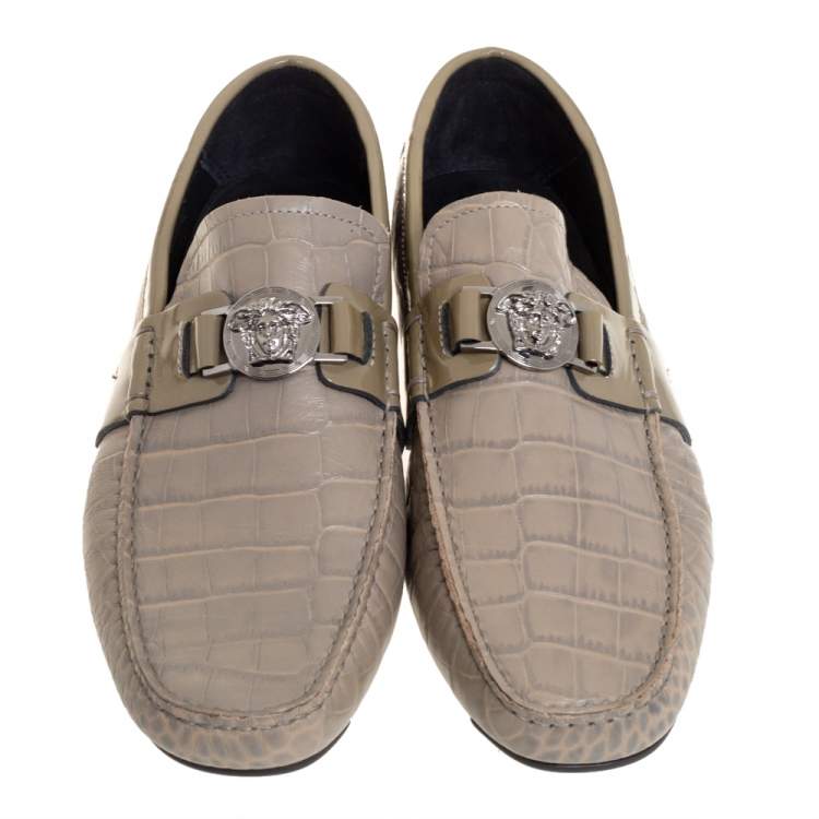 Pre Owned Versace Grey Croc Embossed Leather And Patent Leather Medusa Slip On Loafers Size 41