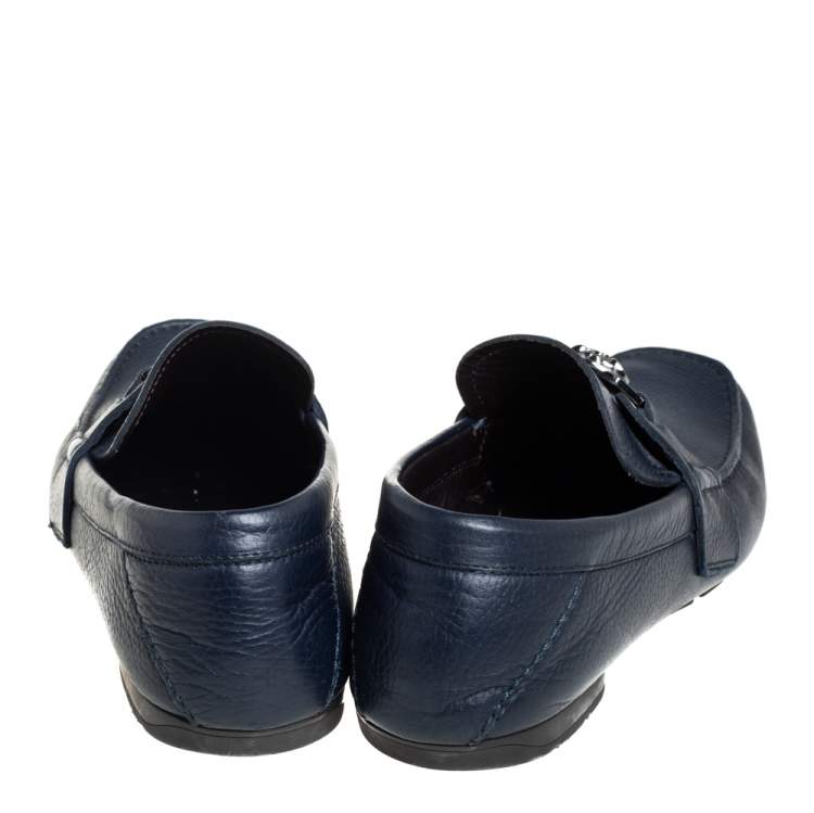 Pre Owned Versace Blue Leather Medusa Embellished Slip On Loafers Size 41