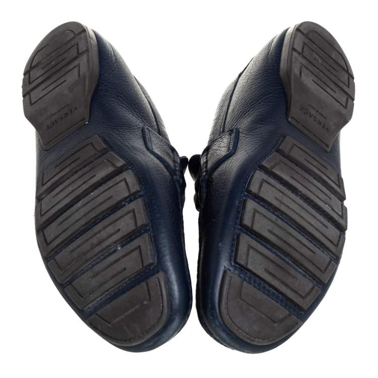 Pre Owned Versace Blue Leather Medusa Embellished Slip On Loafers Size 41