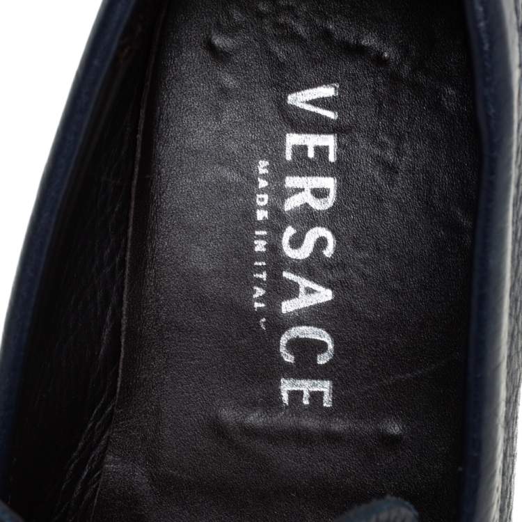Pre Owned Versace Blue Leather Medusa Embellished Slip On Loafers Size 41