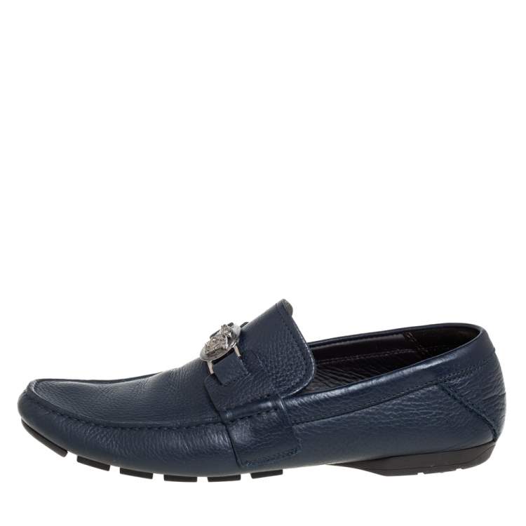 Pre Owned Versace Blue Leather Medusa Embellished Slip On Loafers Size 41