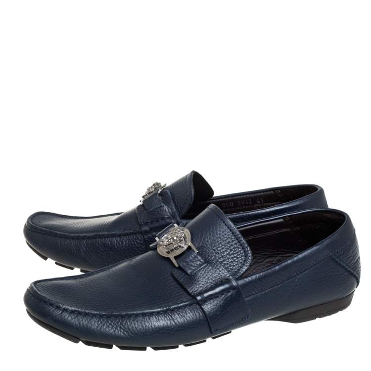 Pre Owned Versace Blue Leather Medusa Embellished Slip On Loafers Size 41