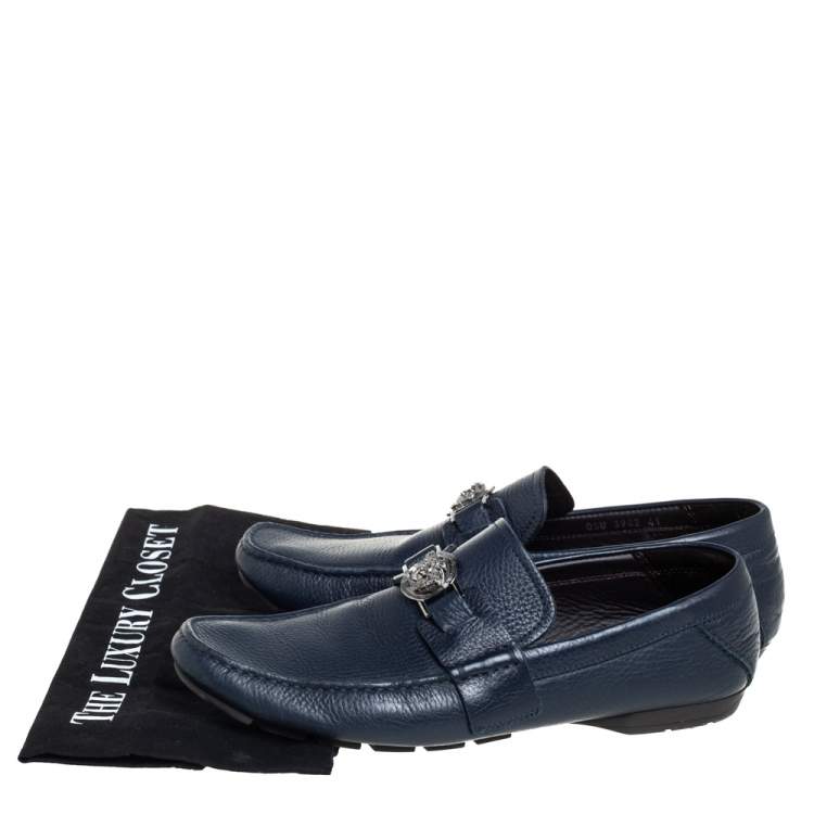 Pre Owned Versace Blue Leather Medusa Embellished Slip On Loafers Size 41