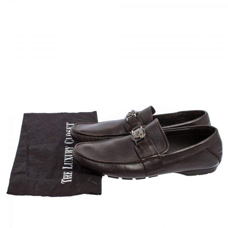 Pre Owned Versace Dark Brown Leather Medusa Embellished Slip On Loafers 41