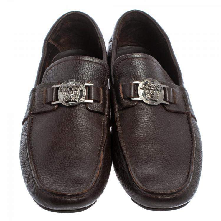 Pre Owned Versace Dark Brown Leather Medusa Embellished Slip On Loafers 41
