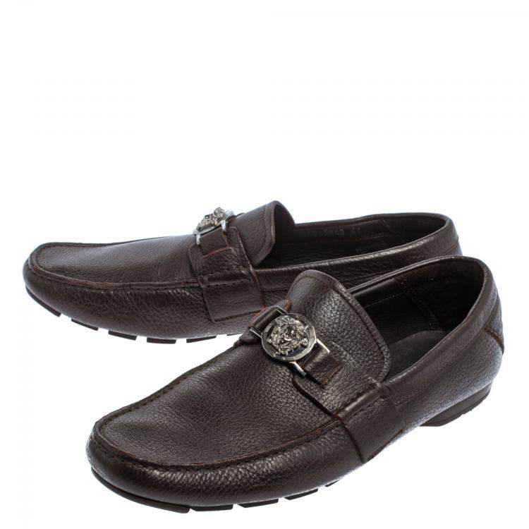 Pre Owned Versace Dark Brown Leather Medusa Embellished Slip On Loafers 41