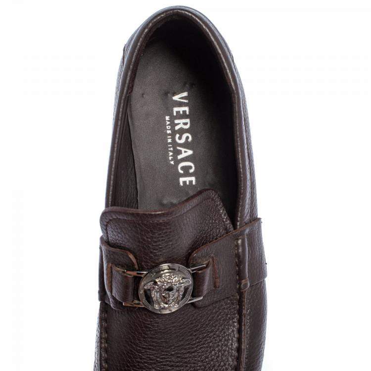 Pre Owned Versace Dark Brown Leather Medusa Embellished Slip On Loafers 41