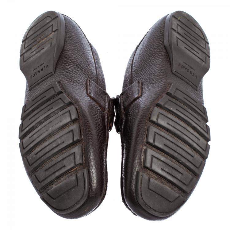 Pre Owned Versace Dark Brown Leather Medusa Embellished Slip On Loafers 41