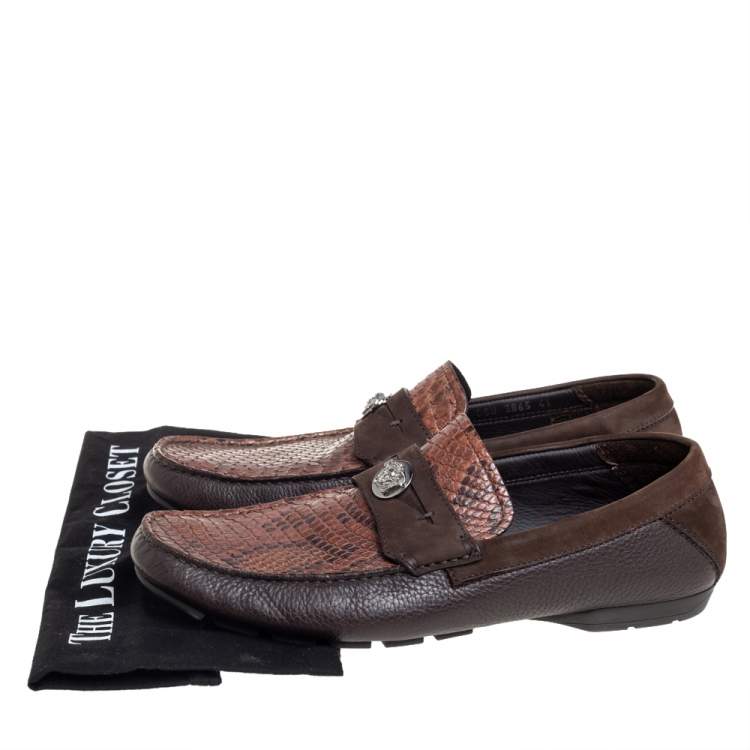 Pre Owned Versace Brown Leather And Python Medusa Embellished Penny Slip On Loafers Size 41