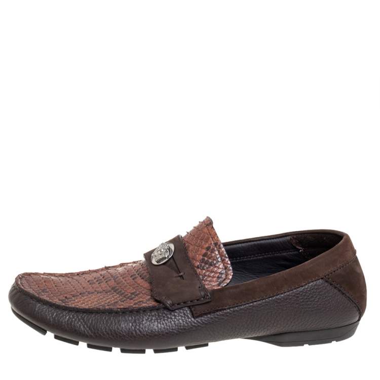 Pre Owned Versace Brown Leather And Python Medusa Embellished Penny Slip On Loafers Size 41