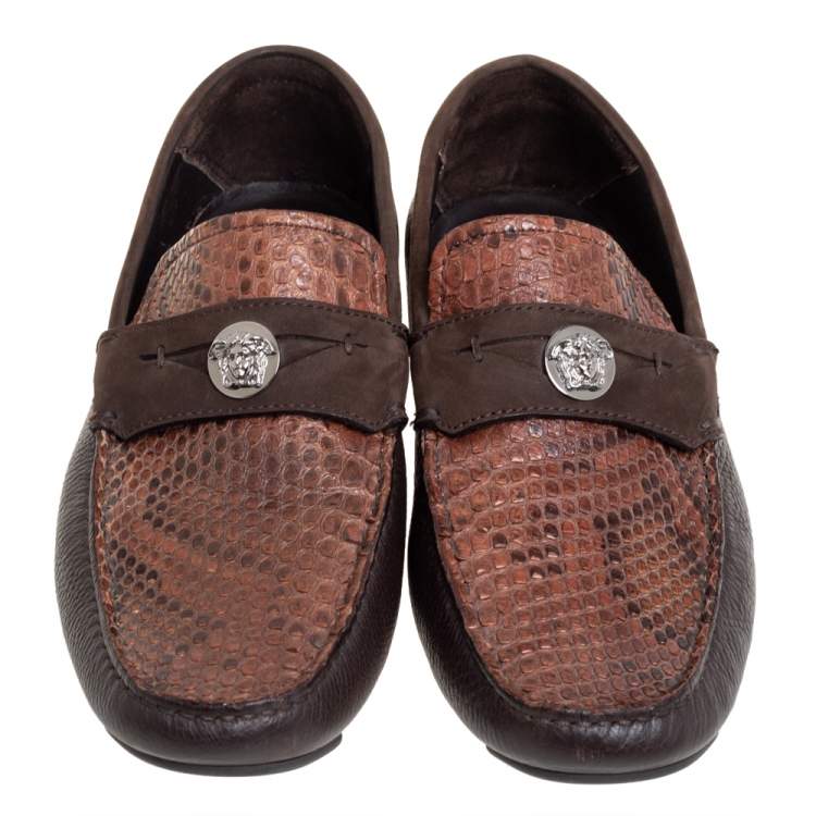 Pre Owned Versace Brown Leather And Python Medusa Embellished Penny Slip On Loafers Size 41