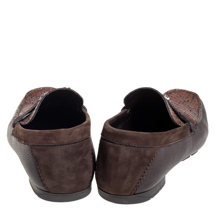 Pre Owned Versace Brown Leather And Python Medusa Embellished Penny Slip On Loafers Size 41