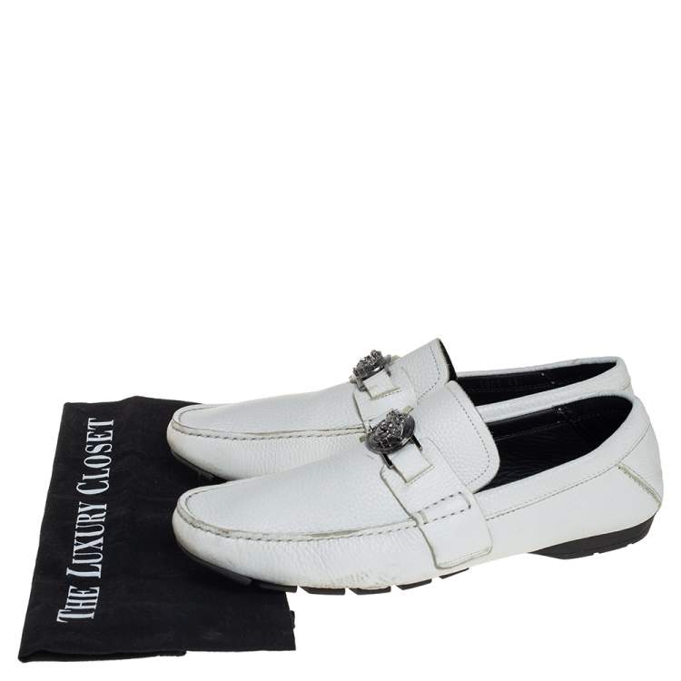 Pre Owned Versace White Leather Medusa Embellished Slip On Loafers Size 41