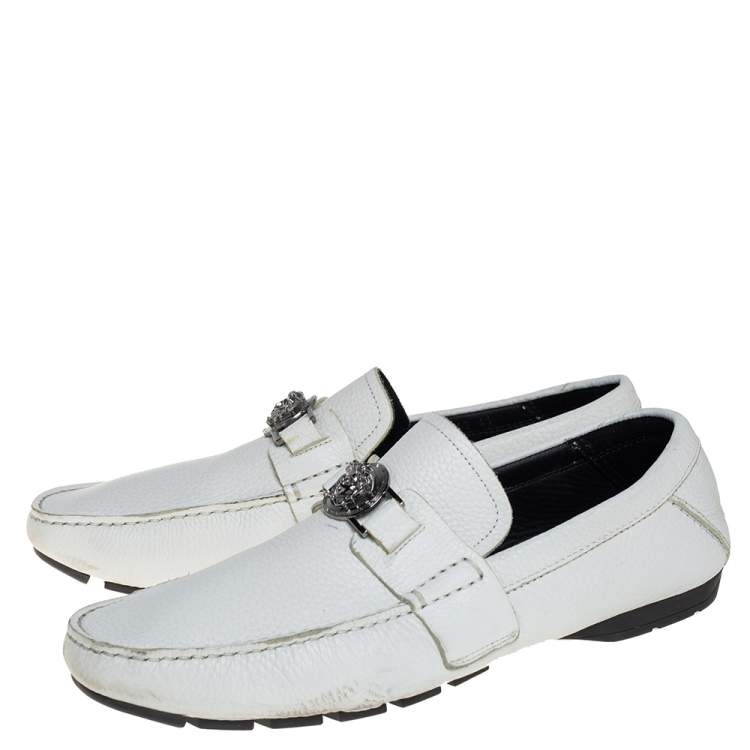 Pre Owned Versace White Leather Medusa Embellished Slip On Loafers Size 41