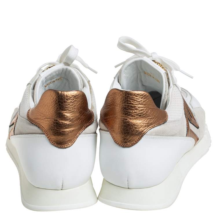 Pre Owned Versace White/Grey Suede And Leather Greek Key Sneakers Size 45