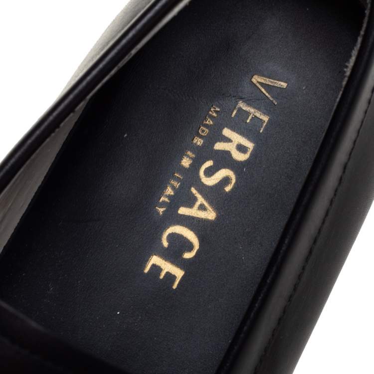 Pre Owned Versace Black Leather Medusa Slip On Loafers Size 43