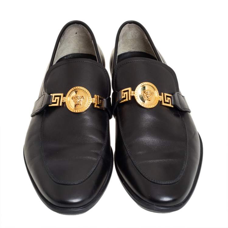 Pre Owned Versace Black Leather Medusa Slip On Loafers Size 43