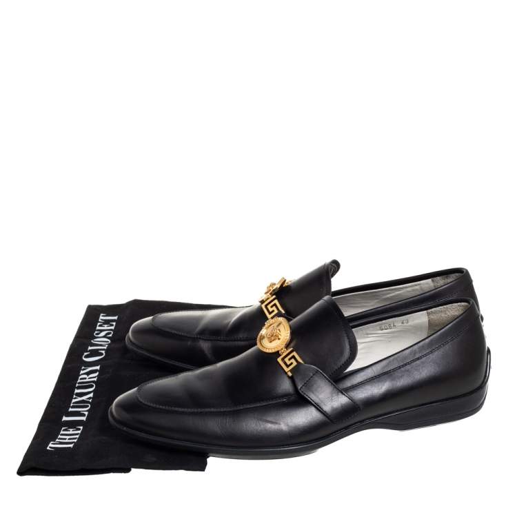 Pre Owned Versace Black Leather Medusa Slip On Loafers Size 43