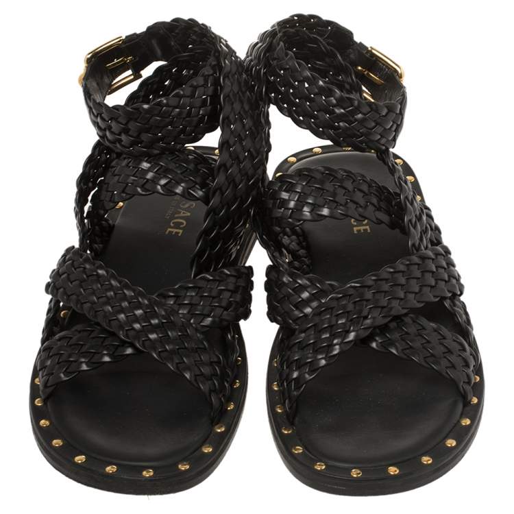 Pre Owned Versace SS21 Black Leather Braided Sandals Size 42