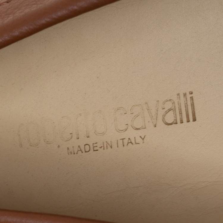 Pre Owned Roberto Cavalli Brown Leather Logo Detail Loafers Size 39